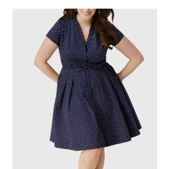 Ellos Sandy Button Shirt Dress Fit & Flare Navy/White Polka Dots Size 5X Plus - Picture 1 of 11